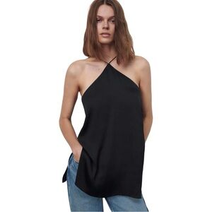 Zara | Halterneck Long Satin Camisole Top in Black - Size Medium